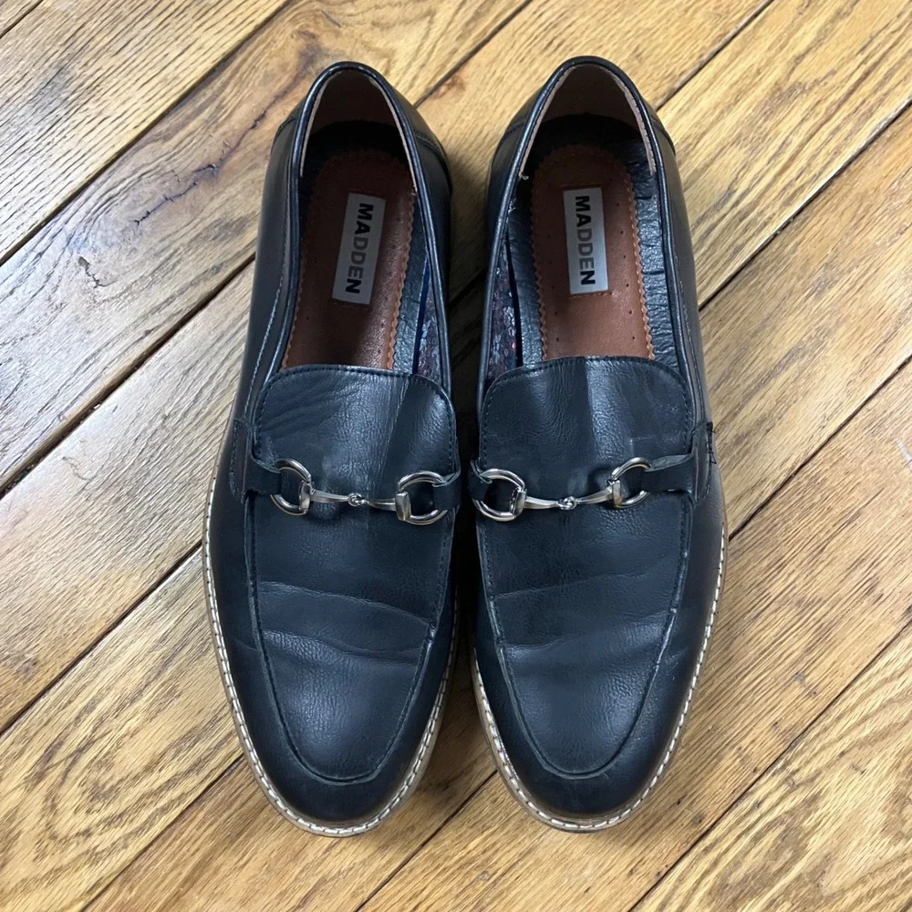 Madden Mens Black Leather Bit Loafer Lug Sole Dress Shoes Size 11